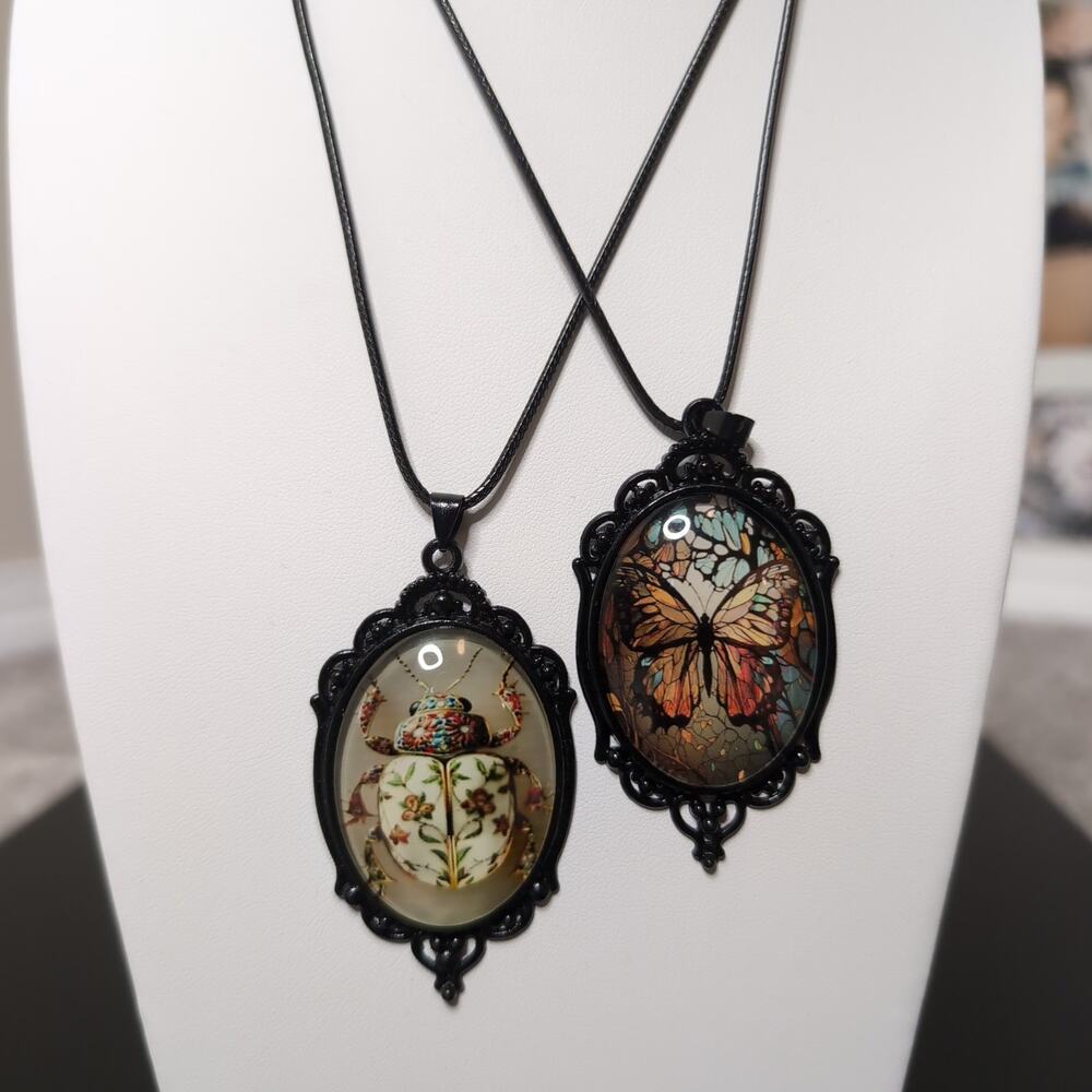 Black Ornate Beetle and Butterfly Pendant Necklaces